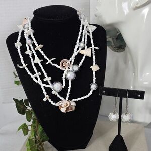 Long White Seed Bead, Shell and Iridescent Beads Neacklace And Earrings Set